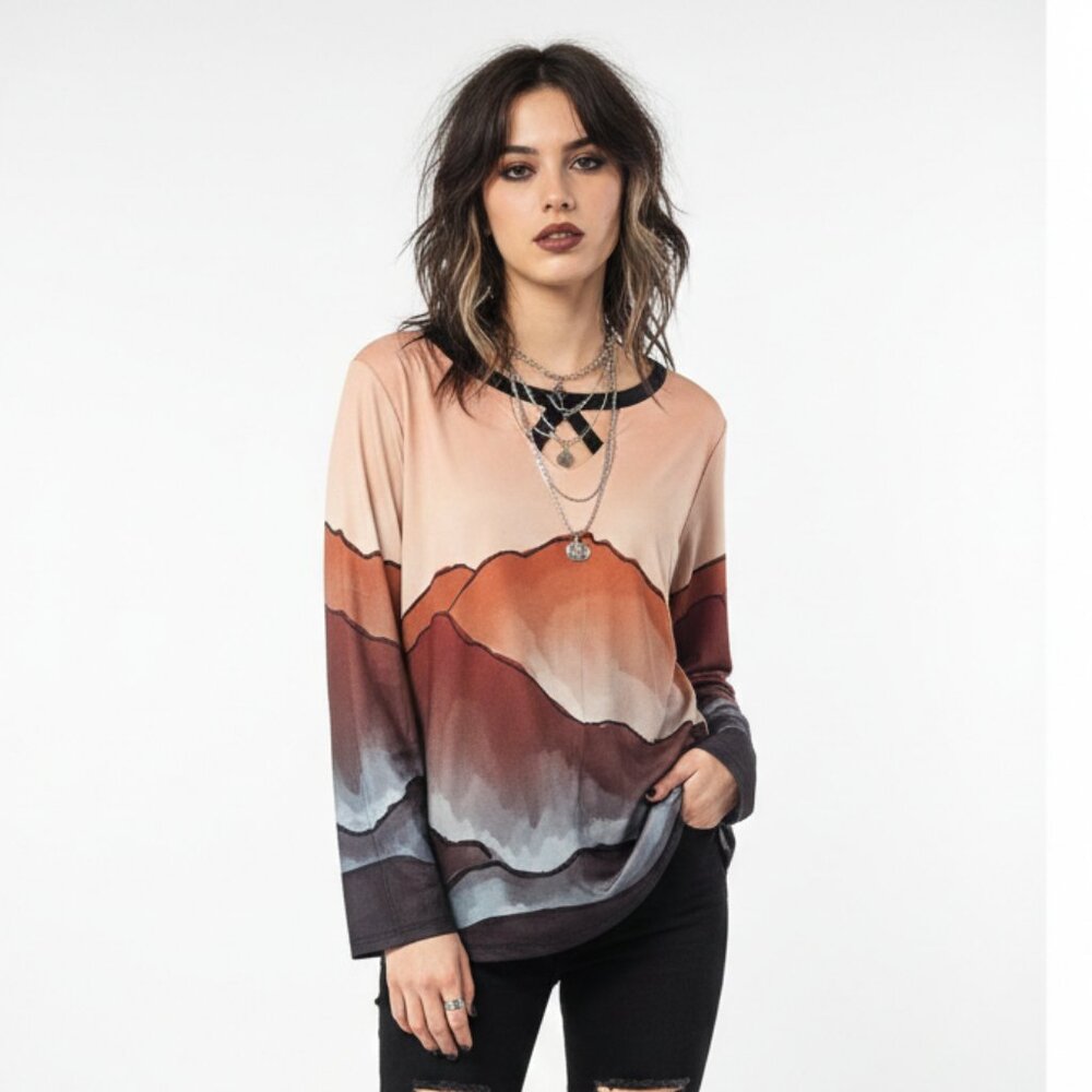 Firmiana Blouse Indie Grunge Casual Brown Gray 1X +